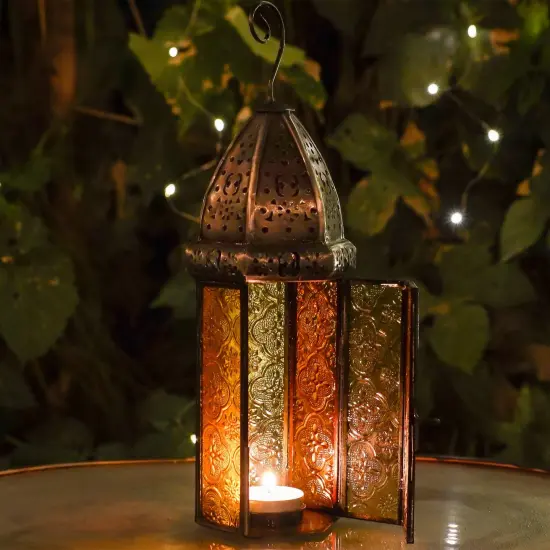 In the Breeze 9214 &mdash; Orange & Yellow Large Hex Tealight Lantern &mdash; Moroccan-Style Boho Chic Tealight Glass and Metal Tabletop Lantern {3}