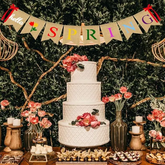Hello Spring Burlap Banner Jute Spring Bunting Banner Garland Flower Spring Decorations for Indoor Outdoor Party Mantel Fireplace Wall Decor {4}