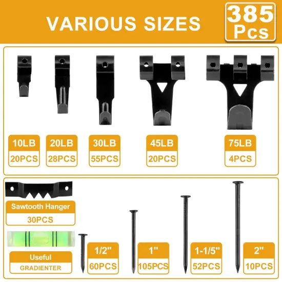 385Pcs Picture Hanging Kit with Heavy Duty Picture Hanging Hooks, Sawtooth, Hardware Nails and Picture Hanging Tool, Wall Hangers for Frame, Painting, Art, Photo (Black) {6}