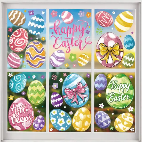 DIYDEC 6 Sheets Easter Window Clings Large Easter Eggs Window Decals Oil Painting Eggs Flowers Stickers for Home Office School Decor Spring Glass Window Decoration {2}