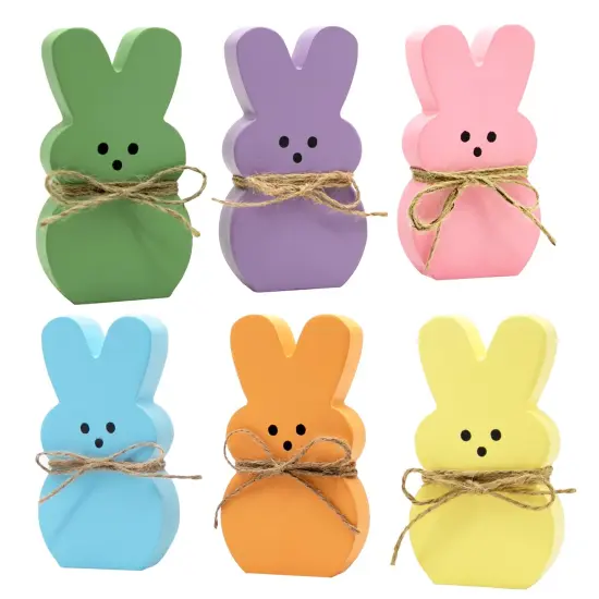 DAZONGE Easter Decorations - 6PCS Wood Bunny Peeps Easter Tiered Tray Decor Signs - Easter Shelf Sitter - Easter Decor for the Home - Spring Wood Decor {1}