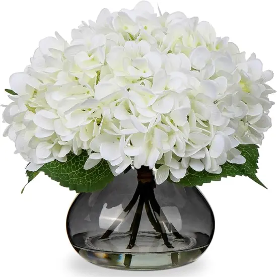 Hydrangea Artificial Flowers with Glass Vase White Silk Faux Flowers Arrangements with Faux Water Fake Floral Bulk Bouquet for Home Decor Table Centerpiece Decorations {1}