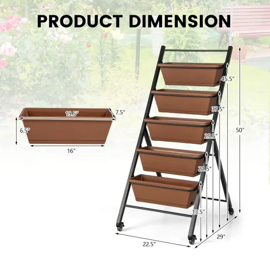 Costway 5-Tier Vertical Raised Garden Bed Elevated Planter with Wheels & Container Boxes Brown {3}