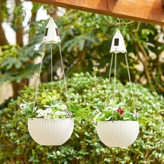 30"H Set of 2 Solar Lighted Hanging Plastic Basket/Planter Black {7}