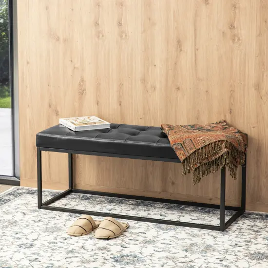 Modern Black Tufted Upholstered Bench with Metal Frame Legs {1}
