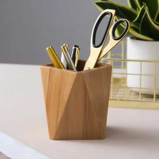 Bamboo Wood Pen Holder Stand for Desk Geometric Pencil Cup Pot Cute Desktop Office Supplies, Makeup Brushes Organizer (Bamboo) {6}