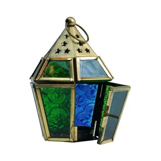 In the Breeze 9205 — Blue & Green Mini Hex Tealight Lantern — Moroccan-Style Boho Chic Tealight Glass and Metal Tabletop Lantern {1}