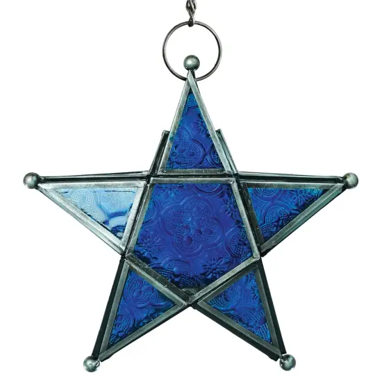 In the Breeze 9217 &mdash; Blue 5-Point Star Tealight Lantern &mdash; Moroccan-Style Boho Chic Glass and Metal Tealight Hanging Lantern {1}