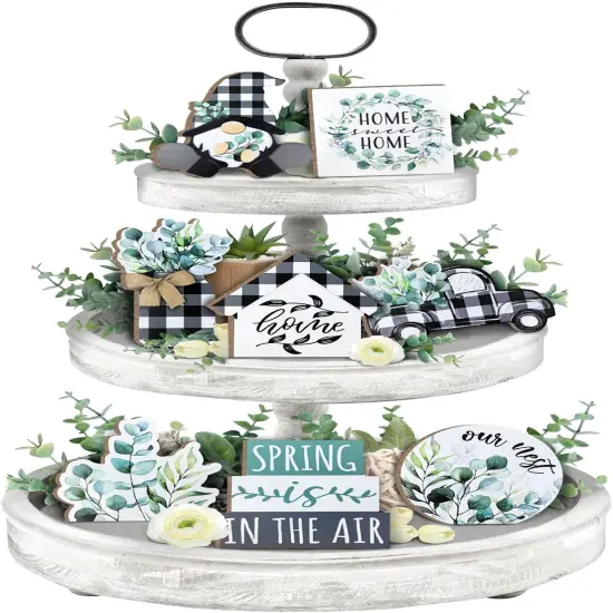 Spring Tiered Tray Decor, Farmhouse Eucalyptus Leaves Tray Decorations, Spring Gnome Wreath Buffalo Plaid Mason Jar Truck Wooden Signs, Rustic Spring Decor for Home Table Shelf Mantel Party {1}