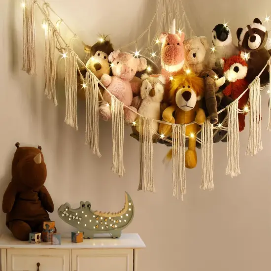 Stuffed Animal Hammock Corner Storage with LED Light - Toy Hammock Large Plushie Net - Stuffed Animal Holder Hanging Organizer - Teddy Bear Hammock Room Decorations Preppy Toddler Kids Room Decor {2}
