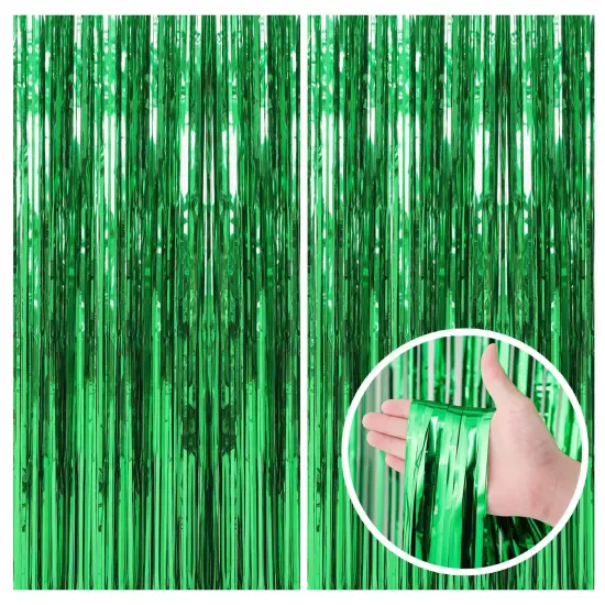 2 Pack Green Streamers Backdrop Jungle Party Decorations Foil Fringe Backdrop Curtains Photo Booth Backdrop for Birthday Dinosaur Animal St Patrick's Day Football Christmas Party Decorations {1}