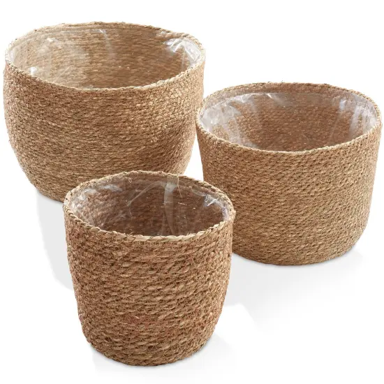 3pc Seagrass Planter Baskets with Liners, Indoor Plant Flower Pot Covers Natural {7}