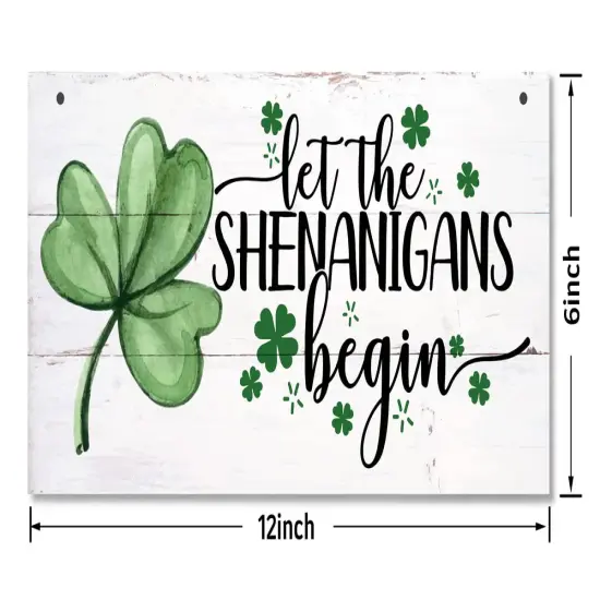Hanging St. Patricks Day Wood Decor Sign, Let the Shenanigans Begin Printed Wood Wall Art Sign, Home Signs Decor, Hanging Door Wood Sign, Shamrock Sign, St Patricks Day Decor, Rustic Farmhouse Decor {4}