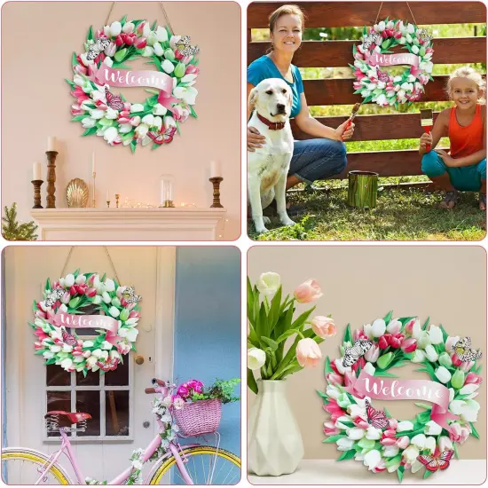 Spring Door Sign Tulips Wreath Summer Decoration 11.8" Welcome Sign Spring Flower Butterfly Wreath Wooden Front Door Hanger Home Wall Decor Farmhouse Indoor Outdoor {5}