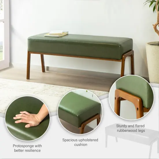 42.25"W Mid-century Modern Hunter Green Leatherette Bench with Walnut Rubberwood Legs {4}