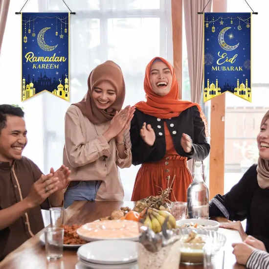 2PCS Eid Mubarak Decorations Ramadan Kareem Hanging Door Sign Ramadan Mubarak Banner Party Decorations Welcome Wall Banner for Party Supplies {3}