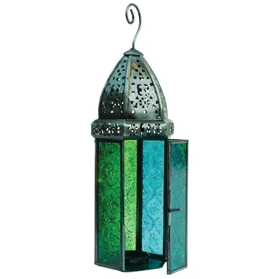 In the Breeze 9215 &mdash; Teal & Green Large Hex Tealight Lantern &mdash; Moroccan-Style Boho Chic Tealight Glass and Metal Tabletop Lantern {1}