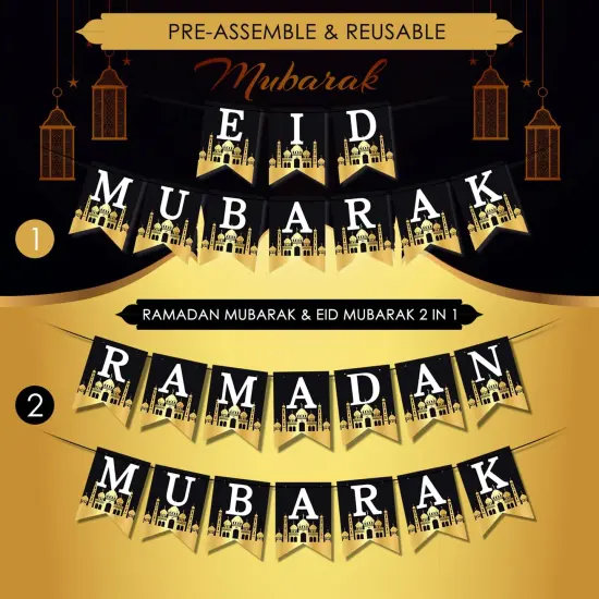 AhfuLife Ramadan Mubarak Decorations, Eid Decorations for Home - Preassembled Ramadan Eid Mubarak Banners, 16 Pcs Eid Balloons, 6 Pcs Islamic Star Moon Lantern Garland Streamer, 10 Pcs Cupcake Toppers {6}