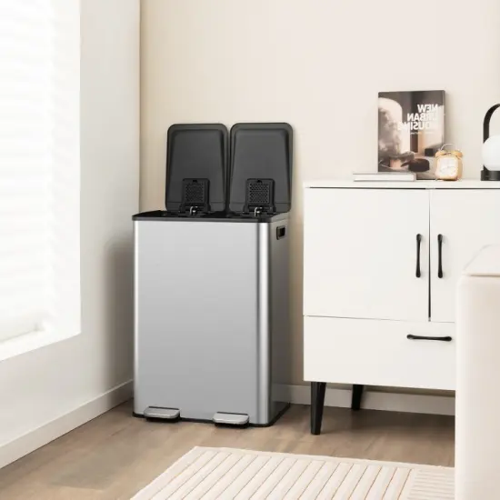 Silver Stainless Steel Dual 8-Gallon Trash Can with Step Pedal, Deodorizer and Slow Close Lid {5}