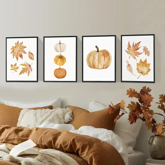 Fall Pumpkin Maple Leaf Wall Art Prints Set of 4 - Simple Vintage Pumpkin {2}