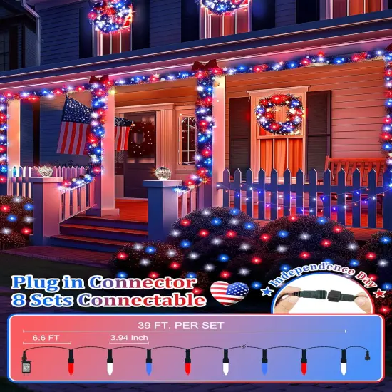 4th of July Decorations Patriotic LED Mini Lights, 39 Feet 100 LED Red White Blue String Lights with 8 Lighting Modes, Connectable Independence Day Light for Wreath Indoor Outdoor Memorial Day {2}