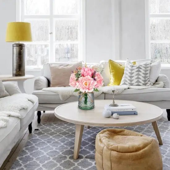 Faux Flower Arrangements Artificial Peony Hydrangea Silk Flowers with Glass Vase Realistic Fake Potted Floral Bouquet {3}