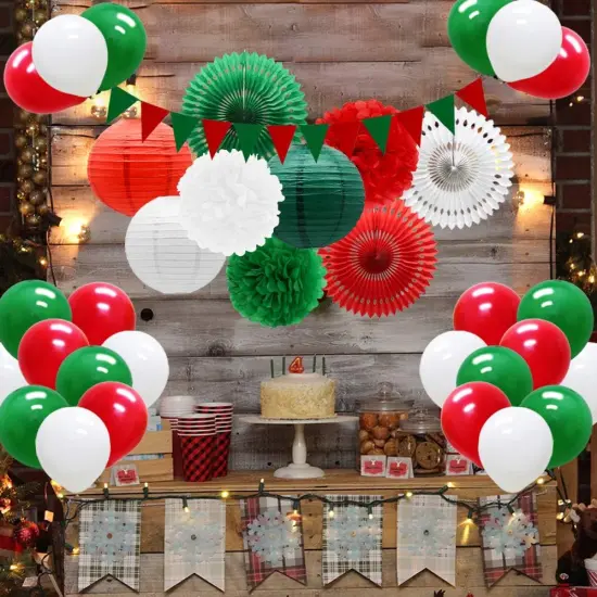 Red Green White Christmas Fiesta Brands Mexican Italian Party Decorations Paper Fans Lanterns Flower Pom Poms Felt Pennant Balloons for Graduations St. Patrick's Day Birthday Baby Shower {2}