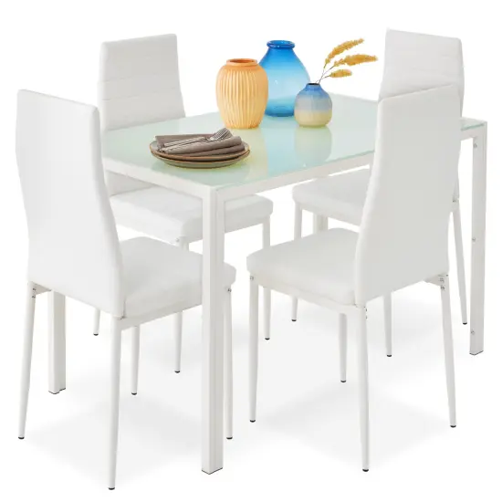 Best Choice Products 5-Piece Kitchen Dining Table Set w/ Glass Tabletop, 4 Faux Leather Chairs White {1}