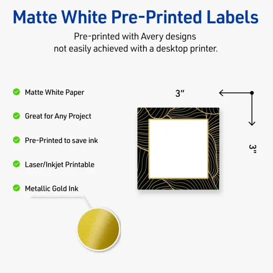 Avery Printable Square Labels with Sure Feed Technology, Pre-Printed Black Border with Gold Pattern, Matte White, 3" x 3", Laser & Inkjet Compatible, 60 Total {2}