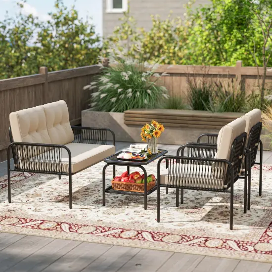 Costway 4 PCS Patio Furniture Set with Loveseat Tempered Glass Coffee Table & Soft Cushions {4}