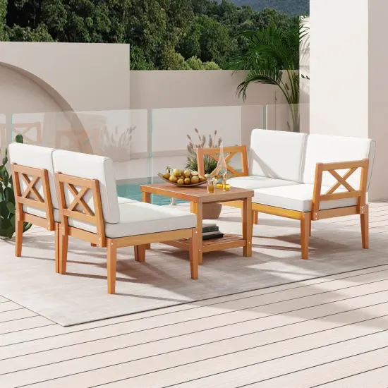 Costway 5 PCS Acacia Wood Patio Furniture Set with Cushions and 2-Tier Coffee Table {5}