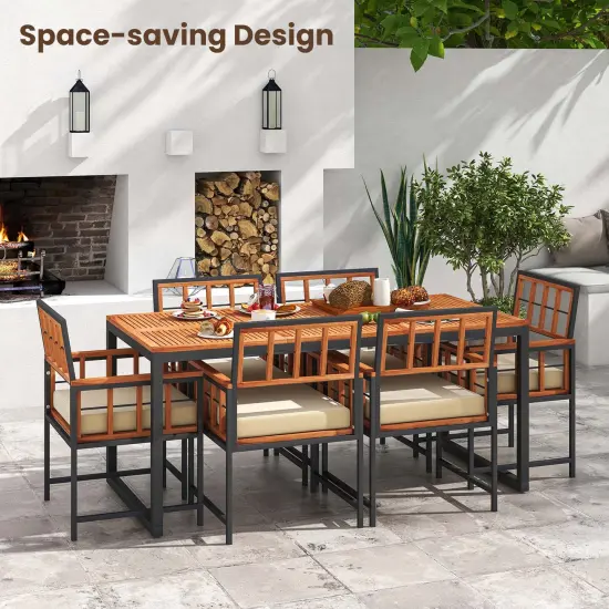 Costway 7 PCS Patio Dining Set Outdoor Acacia Wood Table with Soft Cushions Umbrella Hole {4}