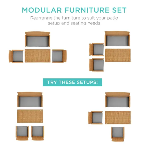 Best Choice Products 4-Piece Outdoor Wicker Patio Conversation Furniture Set w/ Table, Cushions Natural/Cement Gray {2}