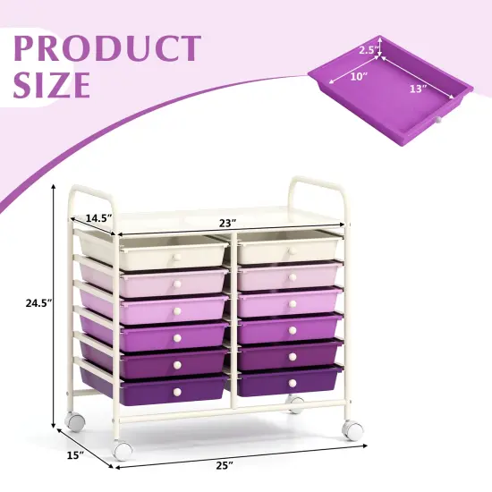 12 Removable Drawers Rolling Storage Cart with 4 Universal Wheels and Metal Frame Purple {5}