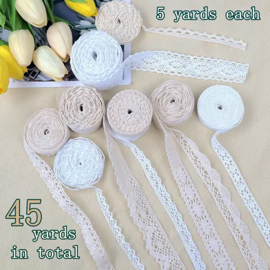 Ribbon Lace 45 Yards Vintage Ribbon Cotton Lace Ribbon Craft Lace Crochet Sewing Lace for Gift Package Wrapping, Bridal Wedding Decoration, Scrapbooking Supplies (Beige+White) {5}