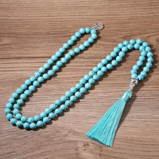 108 Mala Beads Necklace Semi-Precious Gem Stones Meditation Necklace 108 Hand Knotted Japa Mala Beaded Tassel Necklace with Tree of Life Pendant {3}