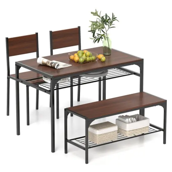 Wood Industrial Rectangular Dining Table with Bench and Metal Chairs Rustic Brown {9}