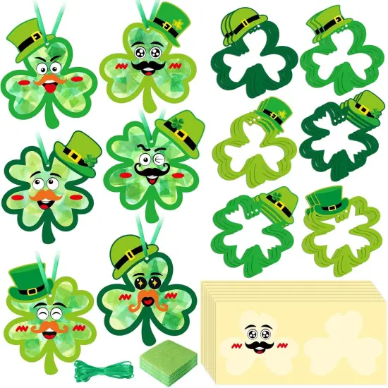 24 Pcs St. Patrick's Day Craft Kit Lucky Shamrock Suncatcher Craft Irish Day Window DIY Tissue Paper Suncatcher Decoration Ornament for Classroom St Patricks Party Favor Supplies {1}