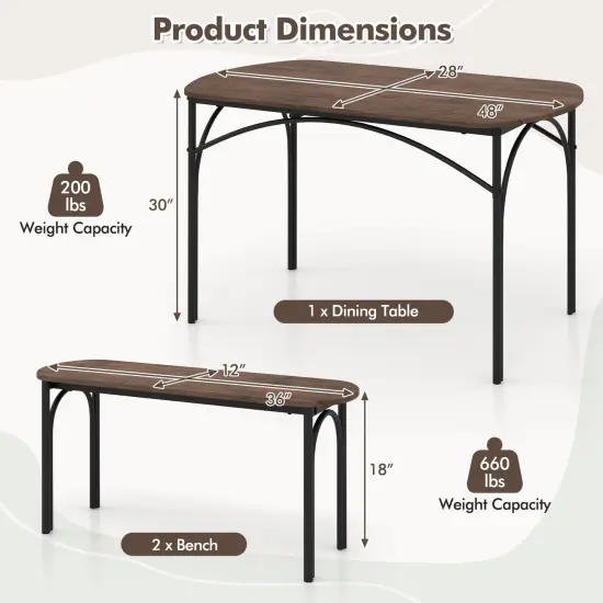 3-Piece Dining Table Set for 4 with Metal Frame-Brown {5}