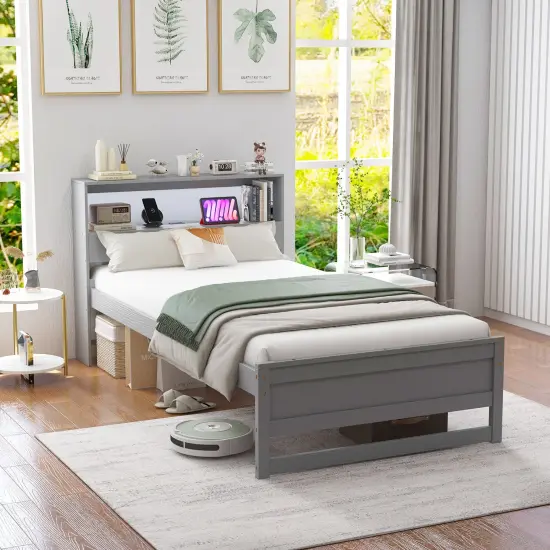 Wooden Twin Bed with Storage Headboard Charging Station LED Light and Under-bed Storage Grey {3}