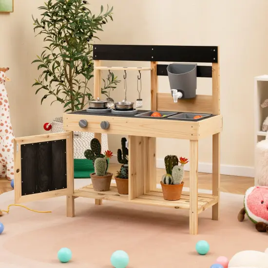 Mud Kitchen Playset Kids Play Kitchen Outdoor with 2 Removable Sinks-Natural {2}