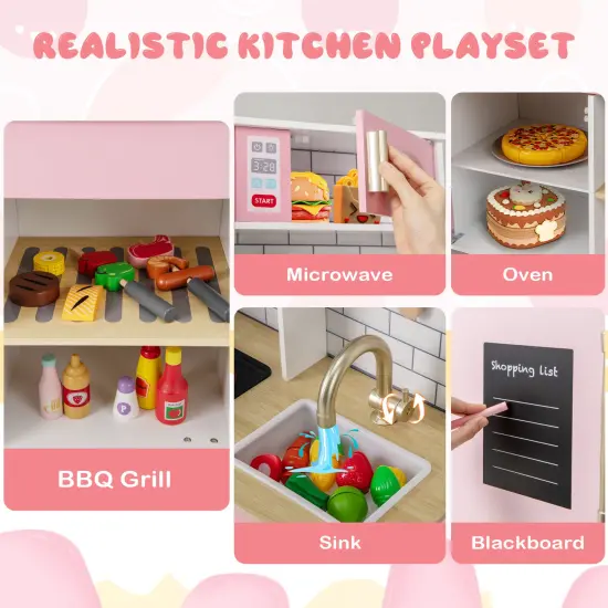 Wooden Pretend Play Kitchen with Ice Maker Range Hood and Blackboard-Pink {5}