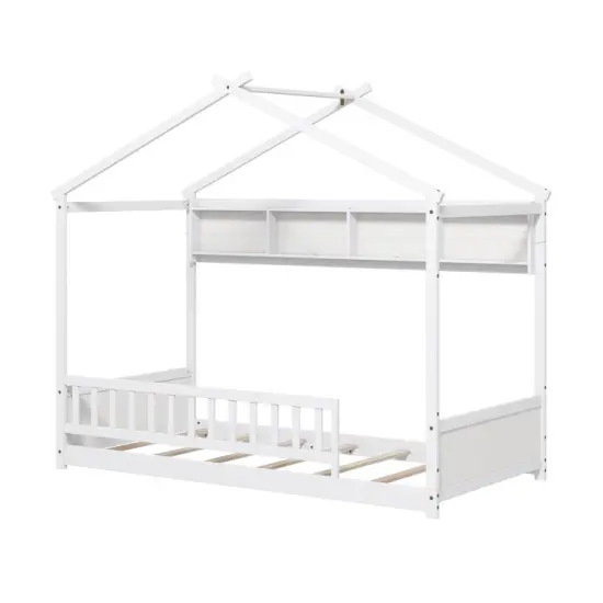 Twin Floor Bed with House Frame, Storage Shelf, Guardrails, Montessori Design, and Solid Wood Construction Grey {7}