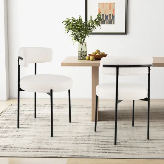 Boucle Dining Chair with Curved Backrest and Metal Legs Set of 4-White {5}