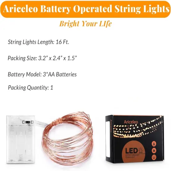 Led Fairy Lights Battery Operated, 1 Pack Mini Battery Powered Copper Wire Starry Fairy Lights for Bedroom, Christmas, Parties, Wedding, Centerpiece, Decoration (5m/16ft Cool White) {2}