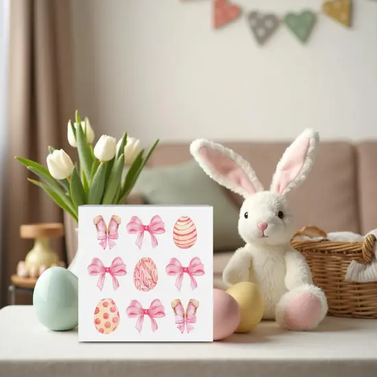 Pink Bunny Decor Easter Decorations Easter Decor Pink Bow Decor Home Farmhouse Office Bedroom Garden Decor Easter Eggs Hunt Wooden Box Block Plaque Wooden Box Sign for Desk Table Bookshelf Tabletop {5}