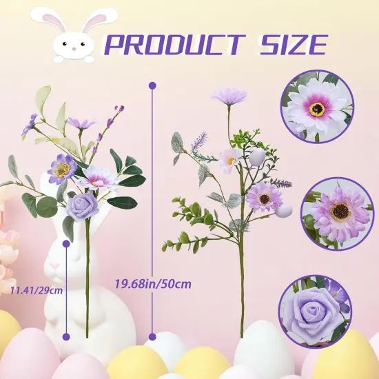 6PCS 20" Easter Decorations Purple Easter Egg Flowers Stem Artificial Eucalyptus Spring Floral Easter Sprays Picks with Rose for Easter Home Vase Arrangement Table Centerpieces {3}