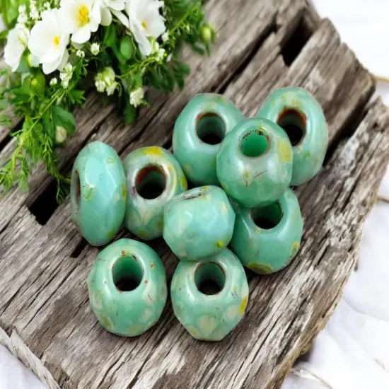 *25* 5x8mm Green Turquoise Picasso Faceted Large Hole Rondelle Roller Beads {1}