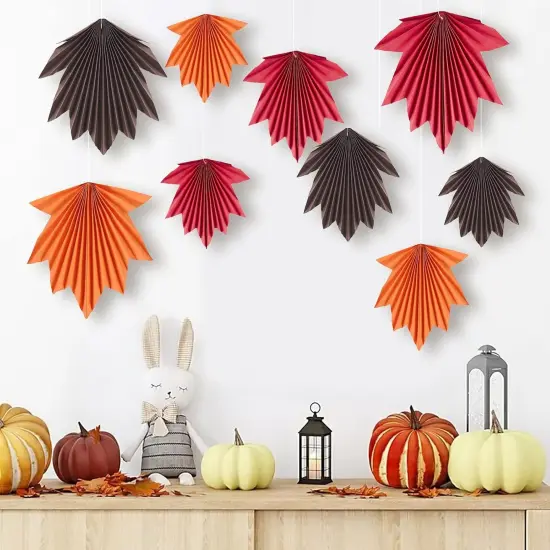Set of 9 - Fall Party Decorations Maple Leaves Paper Fans {4}