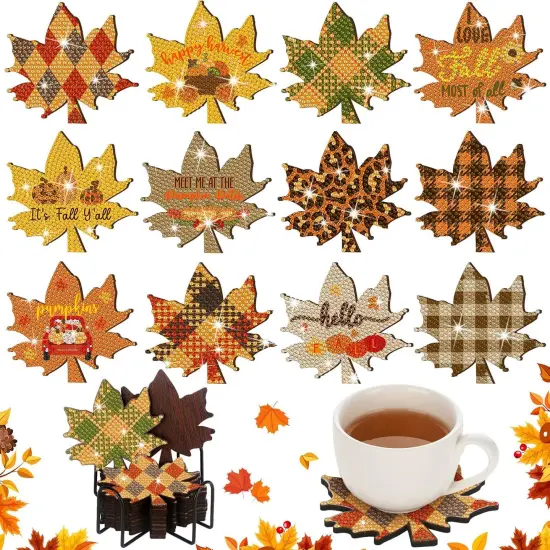 12 Pcs Fall Diamond Art Coasters Maple Leaf {1}